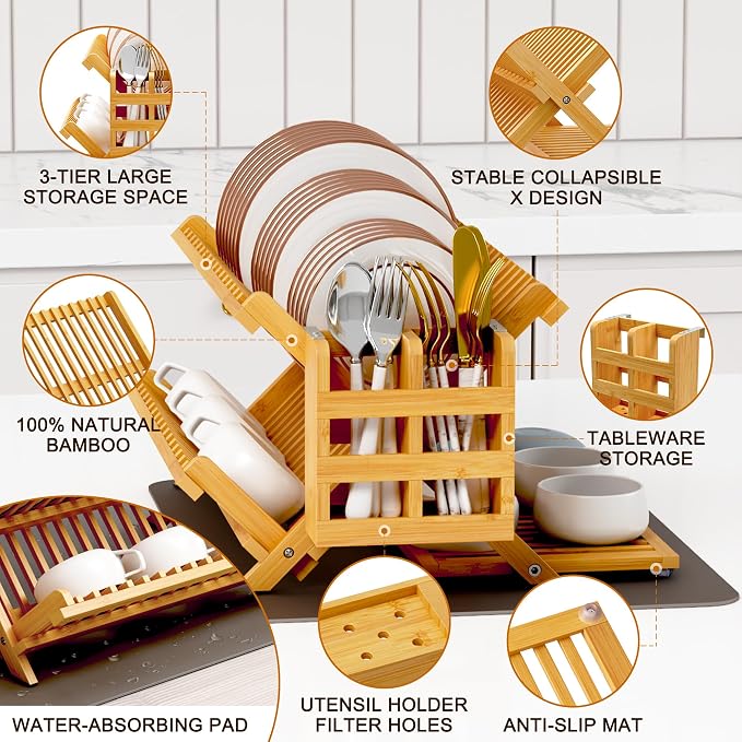 Greenual Bamboo Dish Drying Rack with Utensil Holder, 3 Tier Collapsible Dish Rack, Wooden Dish Racks for Kitchen Counter, Large Folding Drying Holder with Absorbent Dish Drying Mat - Image 5