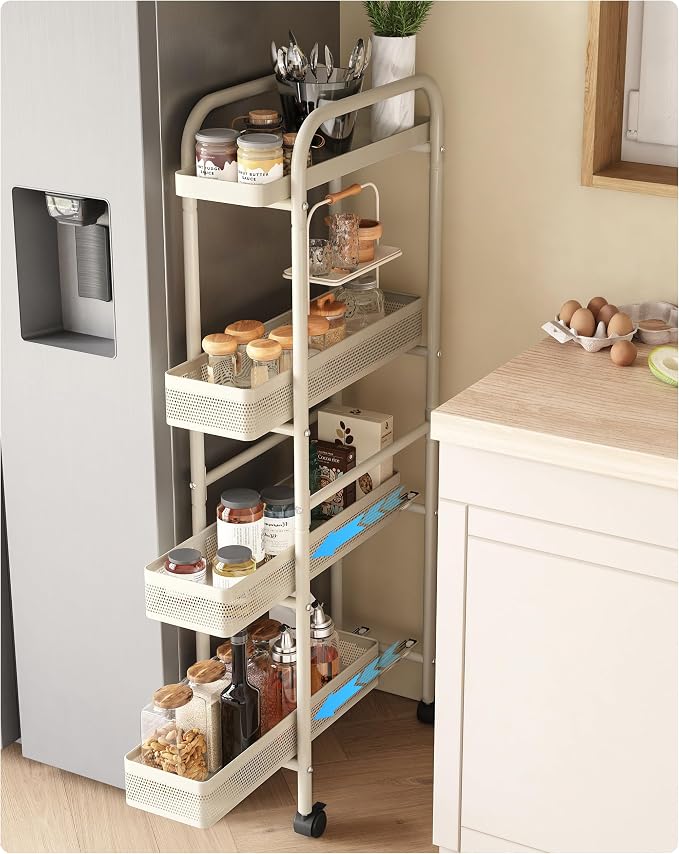 UMDONX 4-Tier Narrow Mobile Storage Cart with Pull-Out Baskets | The Multifunctional Pull-out Storage Rack Is Suitable for Bathrooms, Kitchens, and Laundry Rooms by UMDONXBuyNow