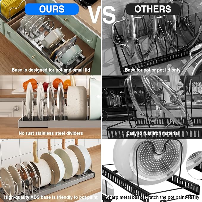 Mustorn 2 Pack Pots and Pans Organizer Under Cabinet, 22" Expandable Food Storage Container Lid Organizers with 9 Adjustable Dividers Pot and Pan Lid Holders Rack Inside Cabinet/Countertop(Gray) - Image 5
