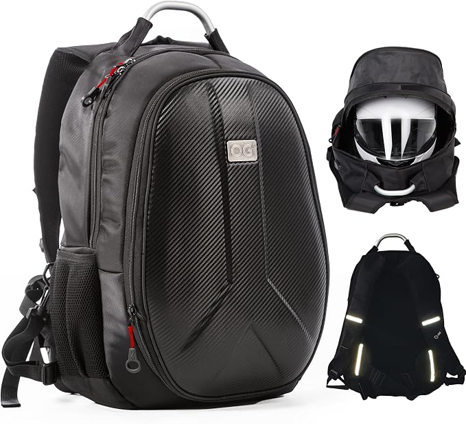 GetAway Waterproof Motorcycle Backpack Hard Shell for 2 Helmets 35-45L | Expandable motorcycle backpack with laptop compartment, anti-theft design, helmet strap and reflective details. by OGOriginal