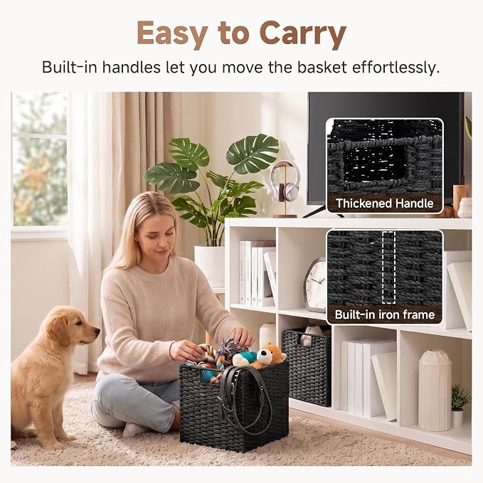 StorageWorks 11 inch Cube Storage Bins, Foldable Wicker Baskets, Black | 2-Pack, Handwoven Storage Cubes with Handles, Paper Rope Baskets for Organizing, Cube Organizer Bins, 11x11 Cube Storage Bins - Image 4