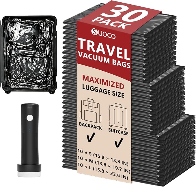 Travel Vacuum Bags for Clothing with Rechargeable Pump 30 Combo, Black | Compression Packing Cubes Organizer Storage for Luggage Suitcase, Space Saver Seal Bags for Vacation Cruise by SUOCO