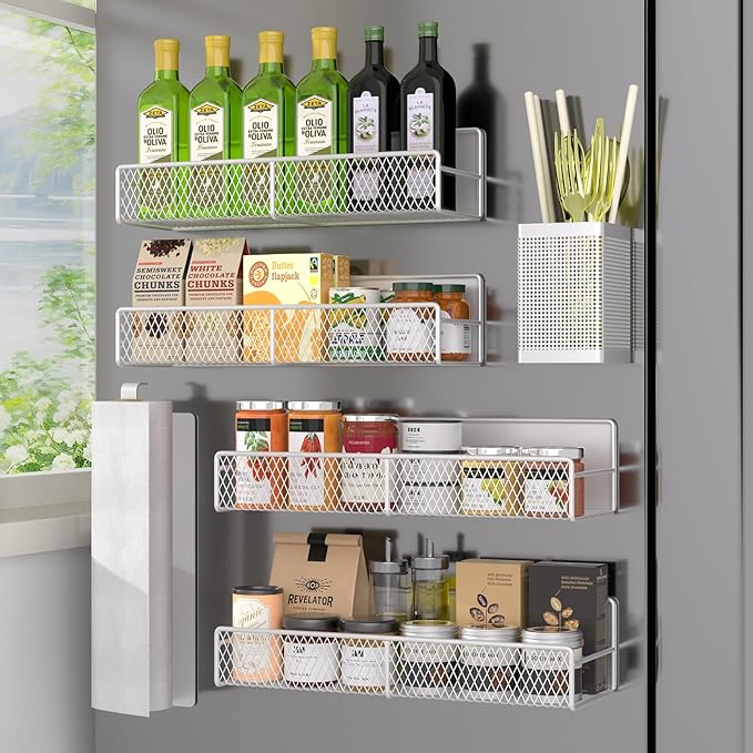 Magnetic Spice Rack for Refrigerator, 6 Pack Metal Magnetic Shelf White, Moveable Spice Organizer, Strong Magnetic Storage Fridge Organizer with Paper Towel Holder, Utensils Holder by DTUQYX