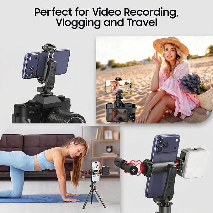 Zeadio Universal Phone Tripod Mount, Cell Phone Holder Clamp with Dual Rotatable Cold Shoe, 360° Rotation & 180° Tilt for Camera Hot Shoe, Vlogging, Video Recording - Image 6