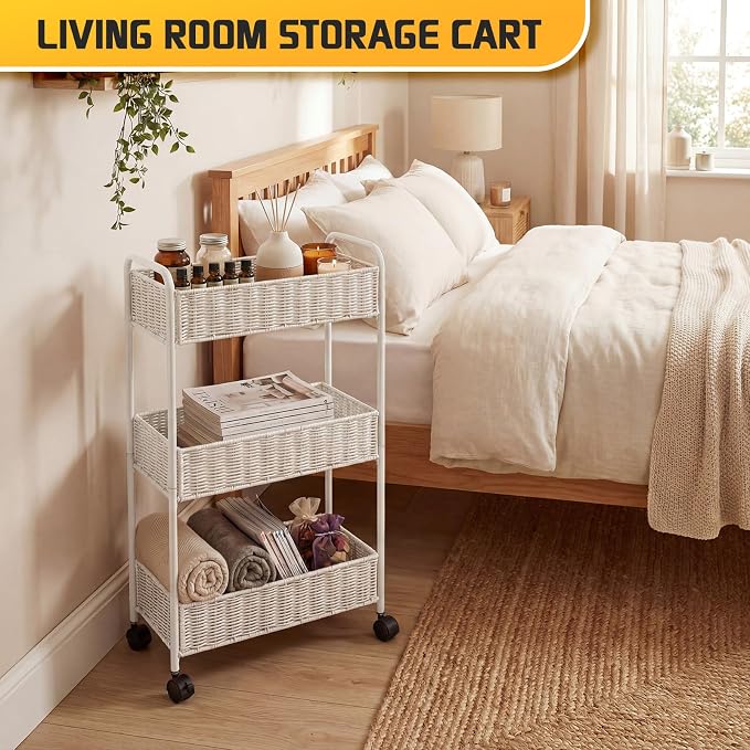 Utility Slim Storage Cart,3-Tier Rolling Kitchen Office Laundry Room Cart,Mobile Shelving Unit Organizer for Living Room Bathroom Baby Diaper Narrow Places (White, UC-White-7.1inch) - Image 2