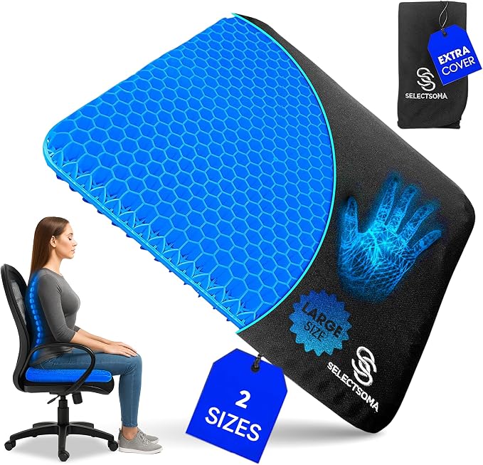 Gel Seat Cushion for Long Sitting, Pressure Relief for Sciatica, Tailbone, Coccyx & Back Pain, Office Chair, Wheelchair, Car & Truck – Large Size Blue Gel by SelectSoma