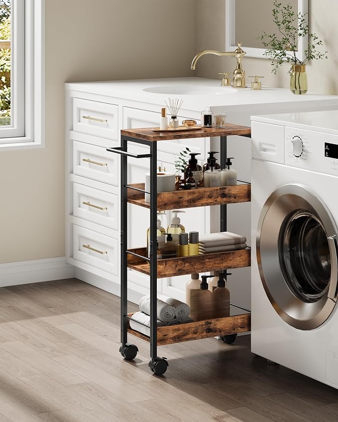 4-Tier Slim Storage Cart, 9.1'' Kitchen Serving Trolley, Slim Rolling Cart with Handle and Guard Rails, Slim Cabinet for Small Spaces, for Dining Room, Rustic Brown and Black TTC03BF - Image 2