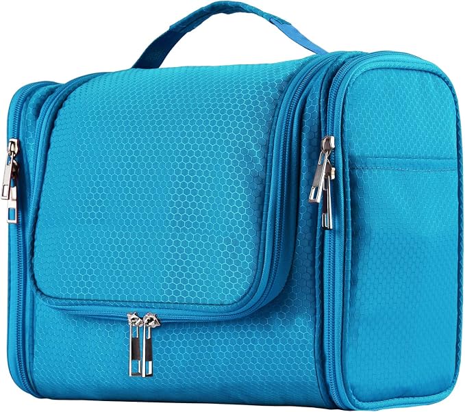 Buruis Hanging Toiletry Bag for Women and Men, Cosmetic Bag, Light Blue | Honeycomb Nylon Design, Large Capacity, Dual Zippers, Sturdy Hanging Hook, Full-Size Toiletry Storage, Cosmetic Essentials by KeepYourBathroomKitchenandHomeOrganized