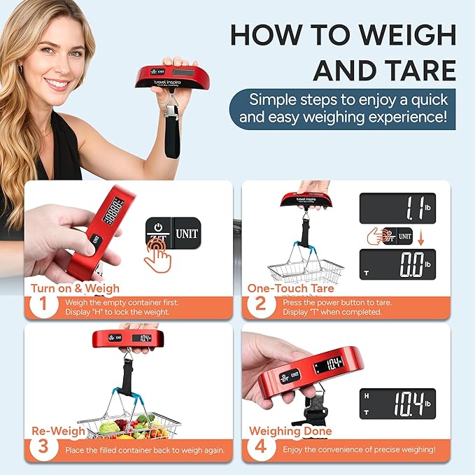 travel inspira Luggage Scale, Portable Digital Hanging Baggage Scale for Travel, Suitcase Weight Scale with Rubber Paint, 110 Pounds, Battery Included - Image 4