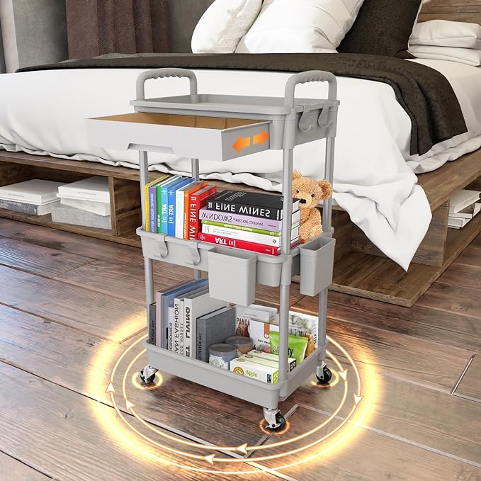 3 Tier Rolling Utility Cart with Drawer,REBECAT Utility Cart Made of Multifunctional Storage Organizer Tool for Kitchen,Bathroom,Living Room,Office(Gray) - Image 3