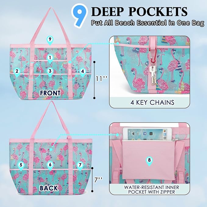 Fammart Mesh Beach Bag for Women, Large Beach Toy Pool Bag with Zipper Pocket, SandProof Cruise Essentials 2026 Family Travel - Image 5