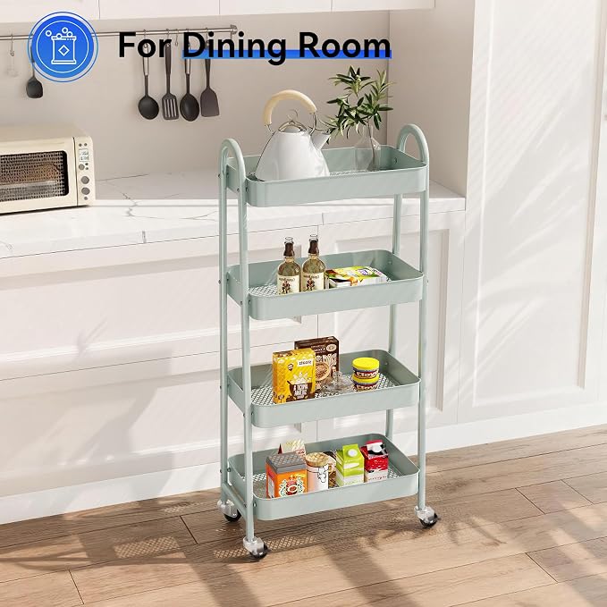 NEWBULIG 4-Tier Metal Rolling Storage Utility Cart with Lockable Wheels | Mobile Organizer Shelf, Space-Saving, Freestanding, Bathroom, Living Room, Slim, Narrow Corner Spaces, Green - Image 6