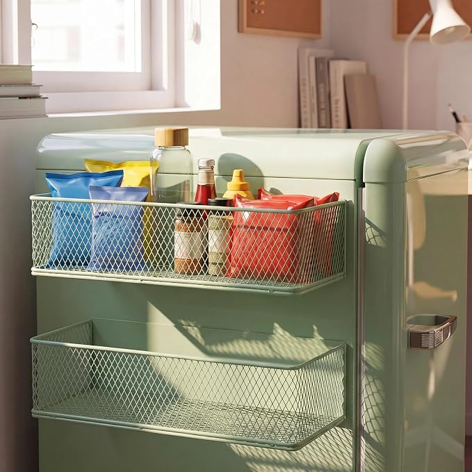 FoldTier 2 Pack Sage Green Magnetic Basket Dorm Mini Fridge Shelf Organizer Kitchen Storage Bin Container Spice Holder for Locker Refrigerator Pantry Dorm Essentials (13.8 x 3.1 x 4.9 Inch) by FoldTier