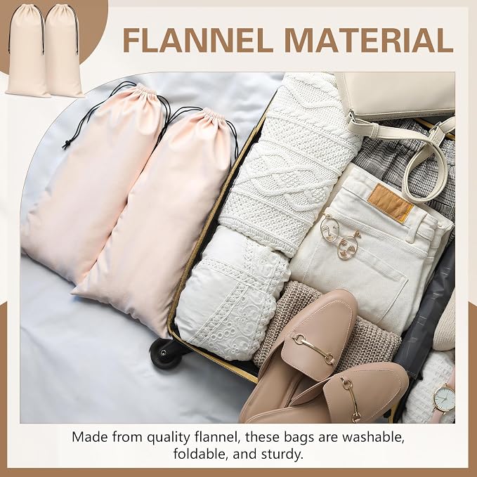4 Pcs Flannel Cloth Shoe Bags for Travel, 8 x 17 Inches Dust Pouch with Drawstring Closure, Washable Breathable Cotton Fabric for Luggage(Beige) - Image 3