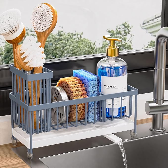 Cisily Sponge Holder for Kitchen Sink, Sink Caddy Organizer with High Brush Holder, Kitchen Countertop Organizers and Storage Essentials, Rustproof 304 Stainless Steel (Gray Blue, 9.25″) by CISILYHOMELIFE