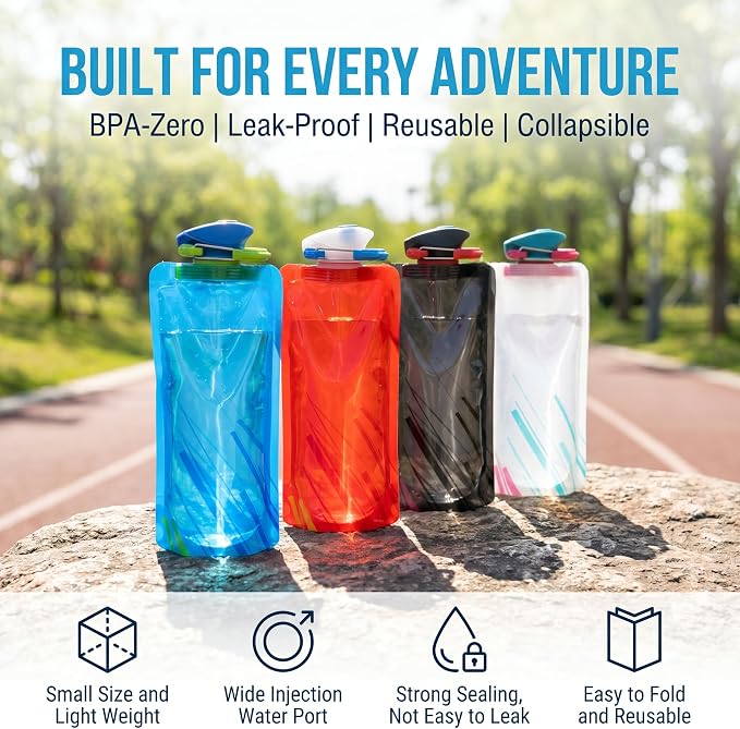 Jinora 4 Pack Collapsible Water Bottles for Travel – 23oz Foldable Water Bottle with Carabiner,Leakproof BPA-Free Water Jup, Portable Reusable Water Bottle for Hiking,Sports,Camping,Biking - Image 6