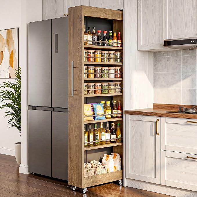 Tribesigns 73" Tall Slim Storage Cart on Rubber Wheels, 7-Tier Narrow Pantry Cabinet, Rolling Skinny Spice Rack Organizer Next to Fridge, Wooden Pull-Out Storage Shelf for Kitchen Small Spaces, Brown - Image 8