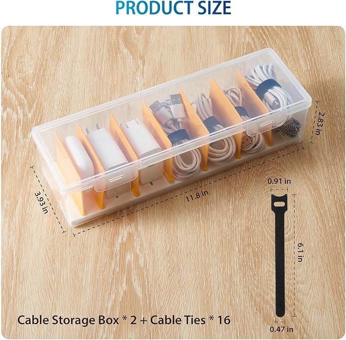 2 Pack Cable Organizer Storage Box with 16 Cable Ties, Clear Phone Charger Organizer Case Wire Organizers for Cords Electronic Storage Box for Drawer Desk Office Home - Image 2