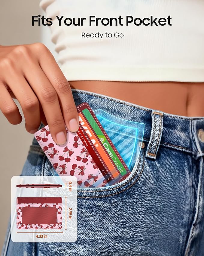 FINTIE Slim Minimalist Front Pocket Wallet RFID Blocking Credit Card Holder | Card Cases with ID Window for Men Women, cherry red - Image 2