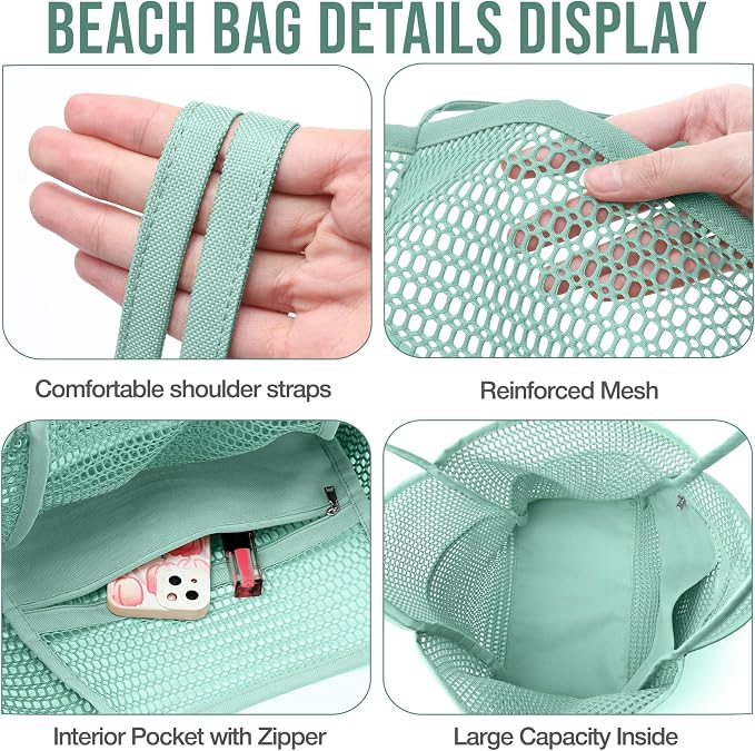 KPX Beach Bag with Mini Pocket, Summer Beach Tote Bags for Women Large Foldable Mesh Swimming Pool Travel Bags - Sandproof - Image 5