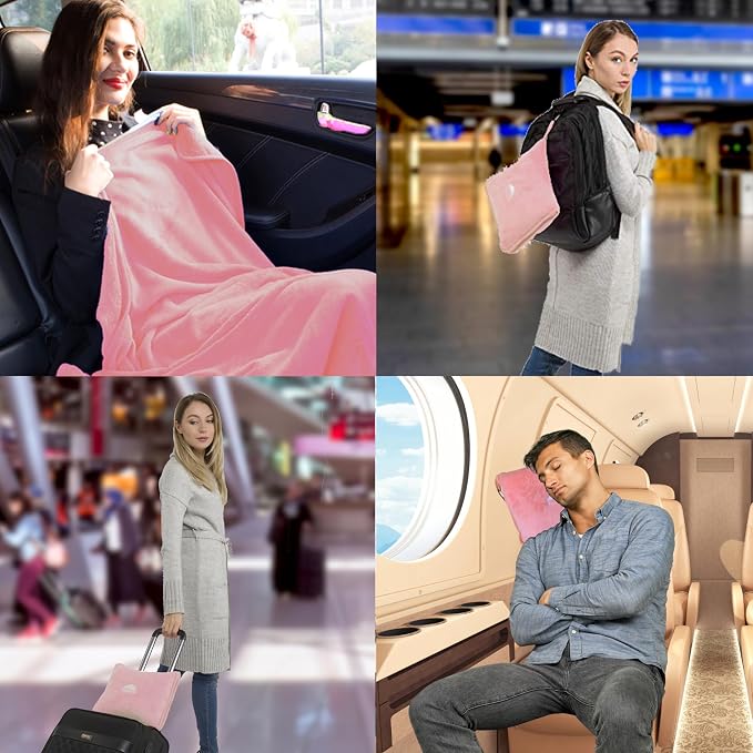 BlueHills Premium Soft Mini Plush Travel Blanket Value Pack Set of 2 - Airplane Travel Essential Flight Blanket Throw in a case Compact for Car Plane Travel Gift – Light Pink and Teal Green - Image 3