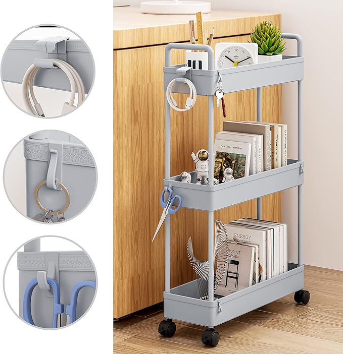 SOLEJAZZ Slim Rolling Storage Cart Skinny Bathroom Organizer, 3 Tier, Gray | Thin utility cart with wheels for bathroom, laundry room, bedside, kitchen, dorm, office, next to fridge, small narrow places - Image 3