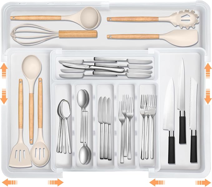 Large Silverware Drawer Organizer Expandable Kitchen Utensil Organizer BPA Free Flatware Cutlery Holder Tray Adjustable Plastic Drawer Divider Storage for Forks Knives 6-9 Slots White by Spaclear