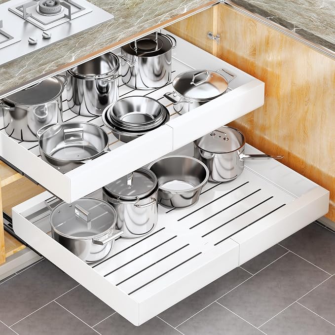 Pull out Cabinet Organizer, Wider Expandable(14"-24") Heavy Duty Slide out Drawers Fixed with Adhesive Nano Film for Pots, Roll out Shelf Storage for Kitchen Cabinet Organization(White-1pc)(3 Rails) by Kitstorack