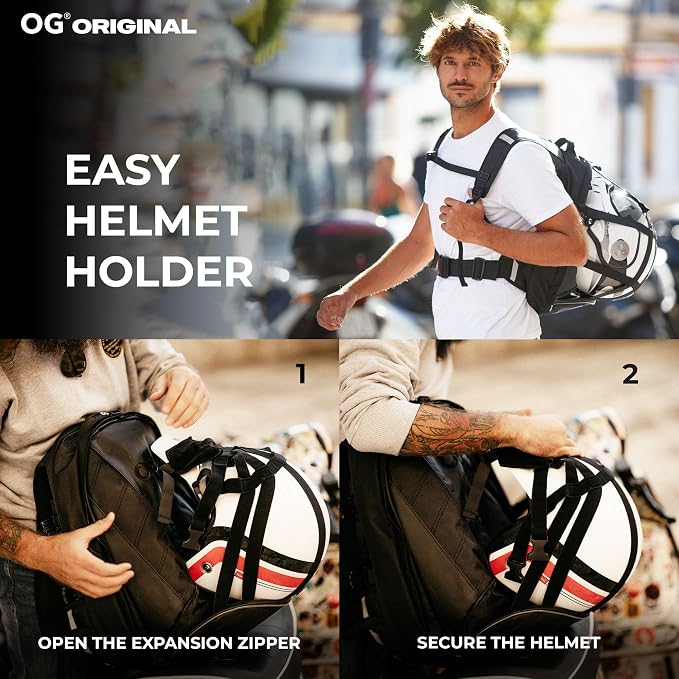 EZ-RiderPRO Waterproof Motorcycle Backpack 2 Helmets 28-35L Black Logo | Expandable design with laptop compartment, helmet strap and reflective details for commuting and motorcycle touring. - Image 3