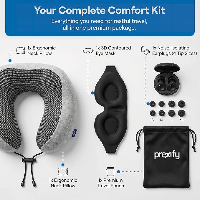 Memory Foam Travel Neck Pillow for Airplane, Adjustable Neck Pillow for Traveling with Removable Washable Cover, Ergonomic Head & Chin Support, Includes Sleep Mask, Earplugs & Travel Bag - Image 3
