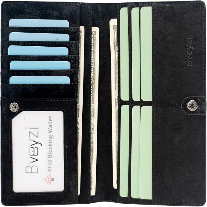 Bveyzi Ultra Slim Thin Leather RFID Blocking Credit Card Holder Bifold Clutch Wallets for Women - Image 2