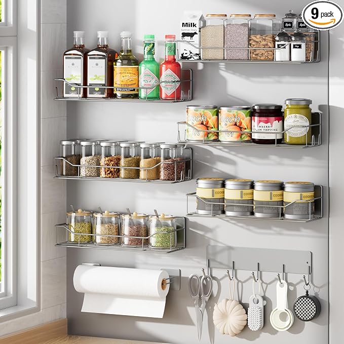 Magnetic Spice Rack for Refrigerator, 9 Pack Magnetic Fridge Shelves W/Adjustable Paper Towel Holder, Hook Rack, Moveable Spice Organizer Shelf for Kitchen Organization and Storage (Grey) by IYEBAU