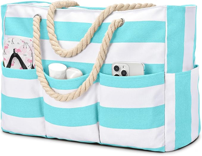 Becokan Beach Bags for Women Canvas Large Beach Tote Bag Zipper Waterproof Sandproof Foldable Swim Pool Bag with 7 Pockets by BecokanBeachBagSpecialist