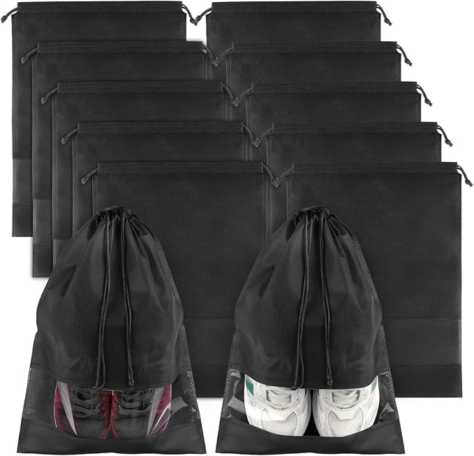 Black Travel Shoe Bags - 10 Pcs Non-Woven Packing Bags with Clear Window | 15.7" x 11.8" Waterproof Dustproof Portable Travel Shoe Storage Bag for Men and Women by COIDEA