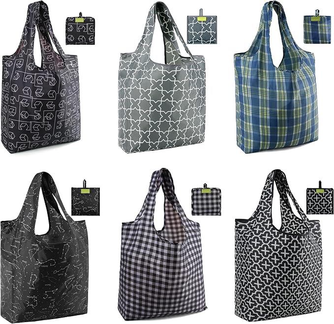 BeeGreen Geometry Reusable Shopping Bags Cute Grocery Bag 6 Pack, Christmas Gift Bags Heavy-Duty Foldable Shopping Totes for Supermarket, Work & Travel, Large Washable Polyester Tote Bag with Handles by BeeGreen