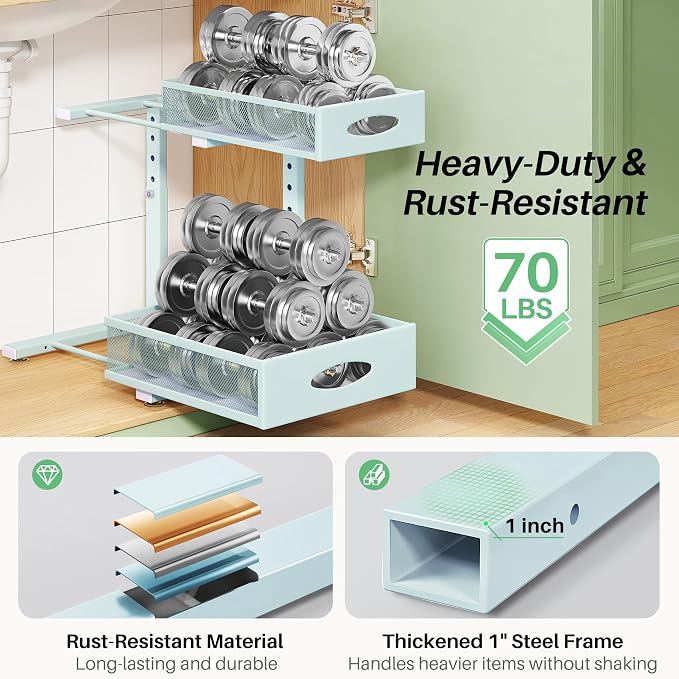 Under Sink Organizer, 2-Pack Pull Out Cabinet Organizer 2 Tier Metal Slide Out Storage Shelf Rack, L-Shaped Adjustable Height,Mesh Sliding Drawer for Kitchen, Bathroom, Laundry, Pantry, Blue, XL - Image 6