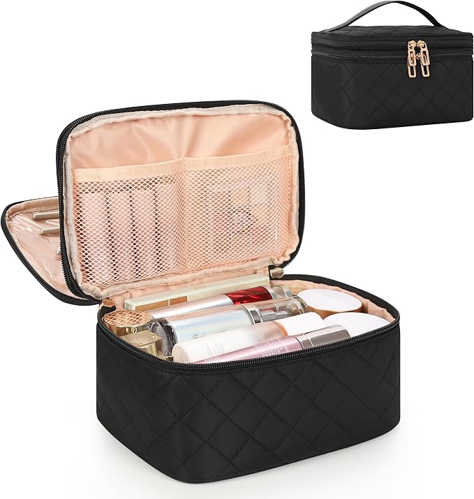 Relavel Large Travel Makeup Bag with Separate Makeup Brush Compartment | Make Up Pouch for Women with Double Layer Design, Portable Toiletry Organizer Bag with Handle for Short Trip, Black by Relavel