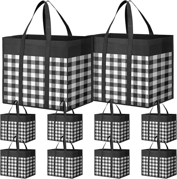 WOWBOX Reusable Grocery Bags,10-Pack, Foldable Reusable Shopping Tote Bags bulk with Reinforced Handles,Large Storage Bags with Water Resistant Coating for Groceries,Multipurpose,Black-White by WOWBOX