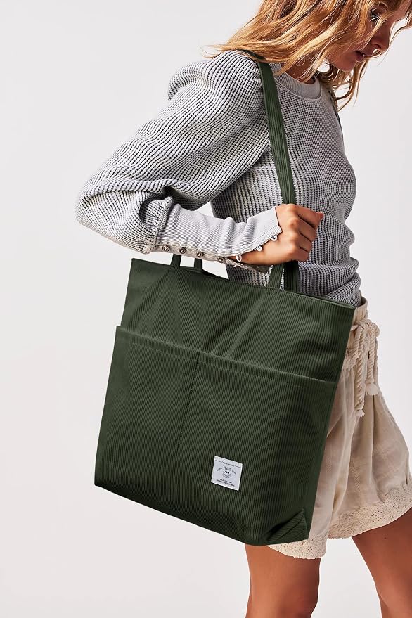 KALIDI Women Corduroy Tote Bag Zipper Casual Tote's Handbag Big Capacity Shoulder Bag with Pockets - Image 2