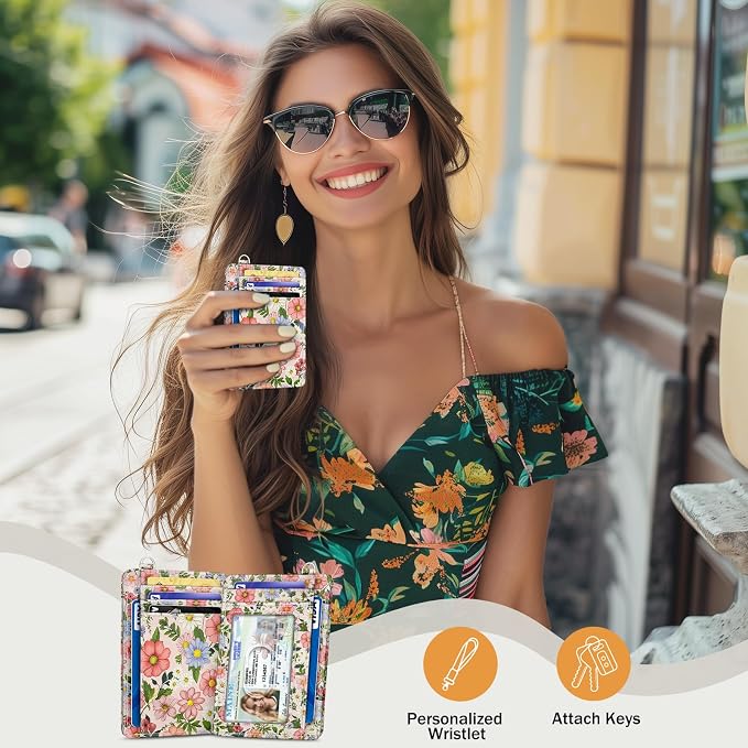 Yonlevres Floral Credit Card Holder Slim RFID Wallet Women Small Travel | Front Pocket, Handy, RFID Blocking, Woman Girls Ladies Gifts, D-ring for Keychain,Thin Mini Card Case, ID Window, PU Leather - Image 2