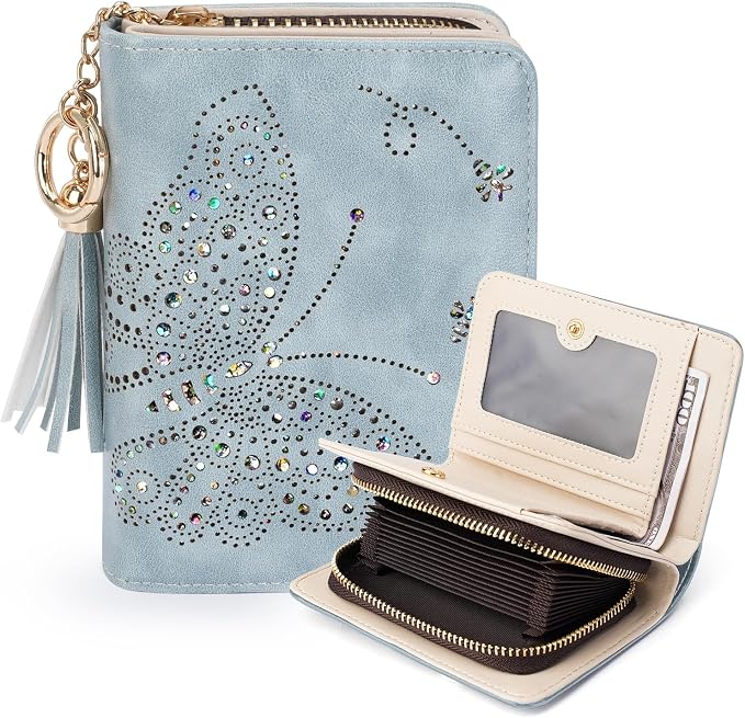 KITEVIUN Women RFID Blocking Small Bifold Wallet, Compact Cash Clutch with Zipper Coin Pocket, Glittery Butterfly Design, Credit Card Holder, Travel Purse with Tassel BLUE by KITEVIUN