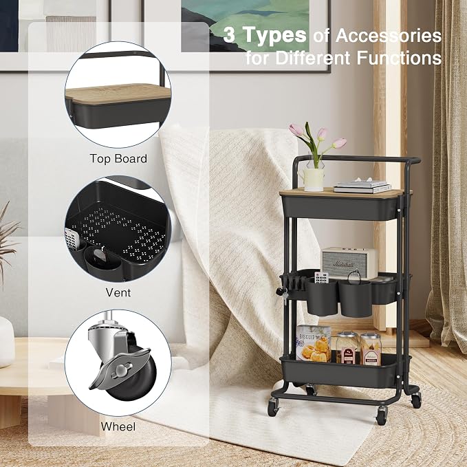 DTK 3 Tier Rolling Cart Uility Cart with Cover Board, Mobile Storage Cart with Wheels, Cups, Hooks for Office Utility Kitchen Bathroom Homeschool Art Craft Postpartum Teacher Cart Organizer(Black) - Image 3