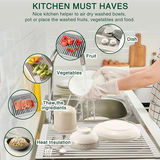 HANZENMA Roll Up Dish Drying Rack Over The Sink Kitchen Roll Up Sink Drying Rack Multipurpose Foldable Sink Drying Mat, Heat-Resistant, Anti-Slip & Anti-Rust Dish Rack for Kitchen, 20.5" x 13", White - Image 3