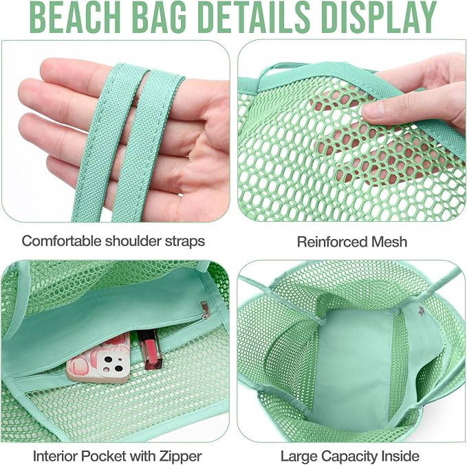 KPX Beach Bag with Mini Pocket, Summer Beach Tote Bags for Women Large Foldable Mesh Swimming Pool Travel Bags - Sandproof - Image 5