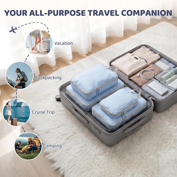 4/8 Set Compression Packing Cubes for Travel Essentials, Compressible Expandable Luggage Organizer Bags for Clothes, Durable Space Saver Storage Bags for Suitcase(4set-Blue Gingham) - Image 4