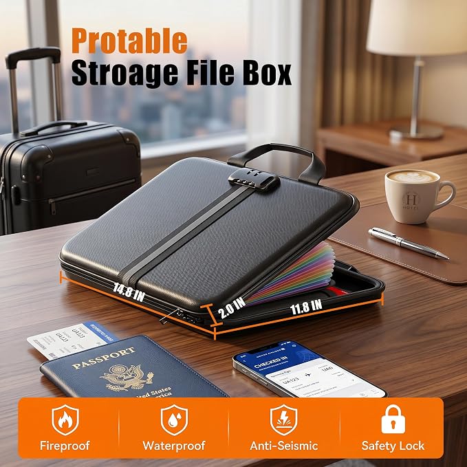 Fireproof Document Organizer with Lock, Rigid EVA File Box with 13-Pocket Accordion Folder for Important Documents & Tablets under 11", Lightweight Safe Storage for Home, Office & Travel (Small Size) - Image 6