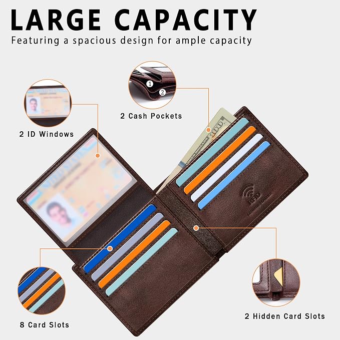 Travelambo Genuine Leather Wallet for Men with Gift Box - Handmade Bifold Stylish - Mens Wallets Rfid Blocking with 2 ID Windows - Image 5