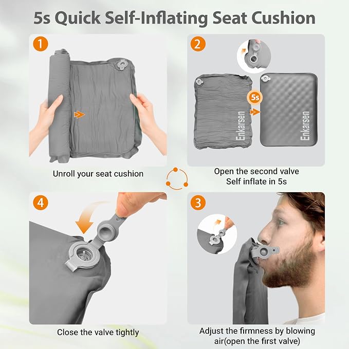 Inflatable Travel Seat Cushion – Self-Inflating Memory Foam Pad for Airplane, Stadium Bleachers, Camping, Hiking & Backpacking – Ultralight Compact & Portable Sitting Cushion (Grey) - Image 6