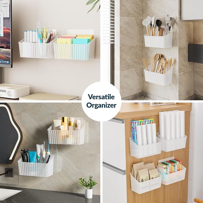 NiHome 4-Pack Cabinet Door Organizer, Adhesive RV Camper Wall Storage Caddy | No-Drill Plastic Bin With Drain Holes For Kitchen Bathroom Pantry Organization, Space Saving Small Item Holder, Medium, White - Image 7