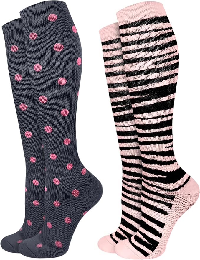Compression Socks for Women 15-20 mmHg, 2 Pairs | Graduated Support, Knee High Fit, Polyester Stretch, Circulation Comfort, Nurses, Travel, Athletes, Flight, Daily, Patterned by JMHACHY